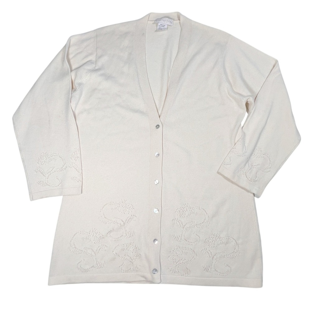Doncaster Cardigan Women L Cream Cashmere Silk Blend Floral Pointelle Italy 5860